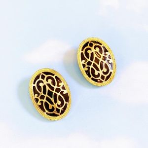 Vintage Ornate Gold & Black Two Toned Ornate Clip On Earrings